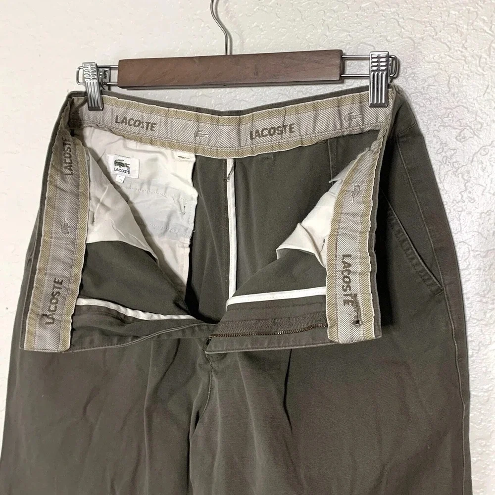 Vtg LACOSTE Pants Mens 34 Preppy Olive Brown Chino Slacks Pleated Front Academia